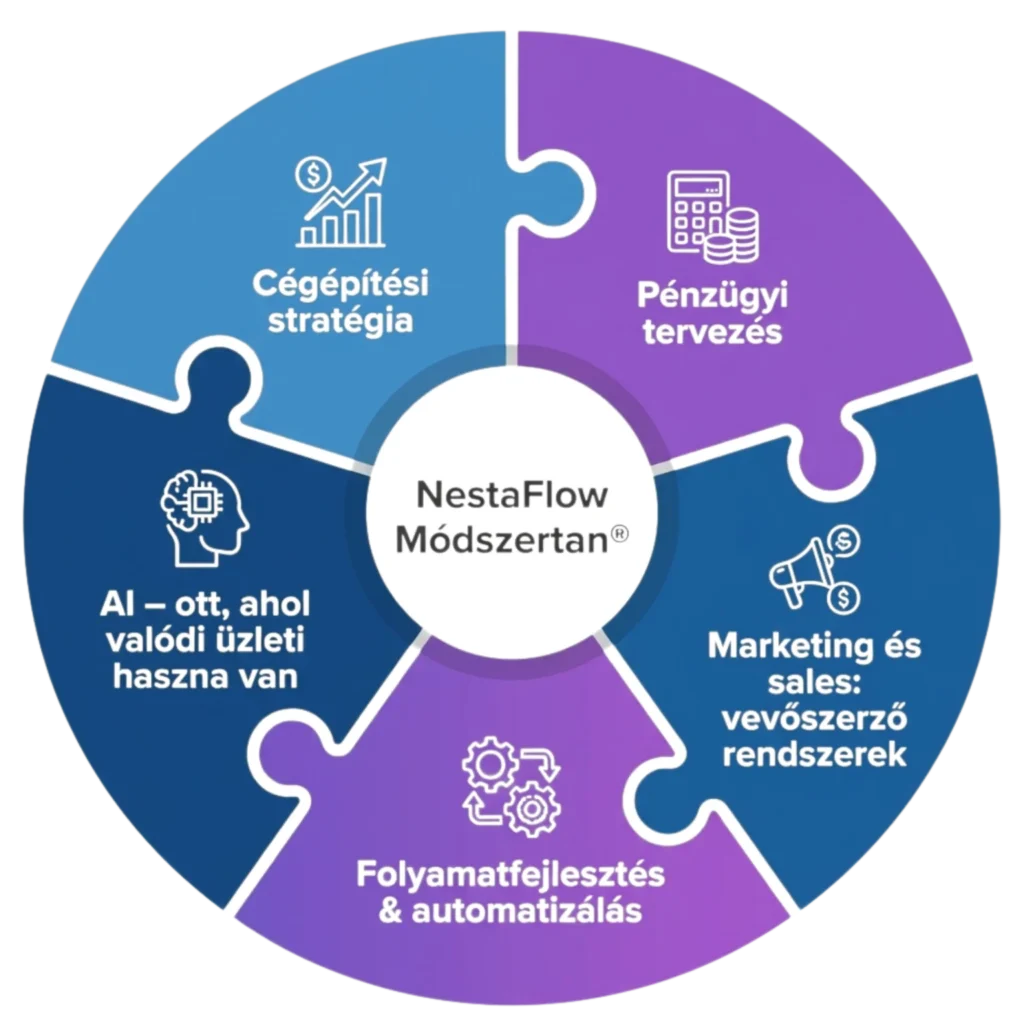 A NestaFlow módszertan a vevőszerzést teszi rendbe először. Nem kampányok, hanem mérhető, kiszámítható üzleti rendszerek.